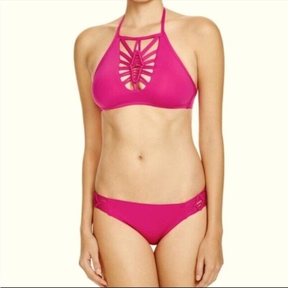 NWOT Becca Virtue D Janis Macrame High Neck Fuchsia Pink Bikini Swim Top 123000 - Picture 1 of 2